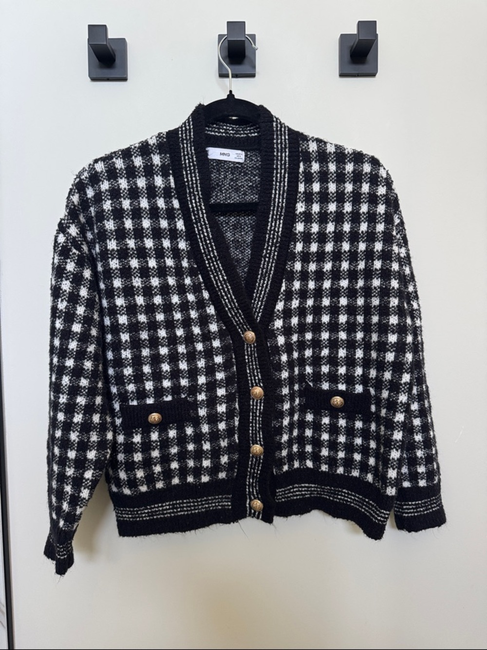 Mango Black & White Checked Knit Cardigan with Gold Buttons